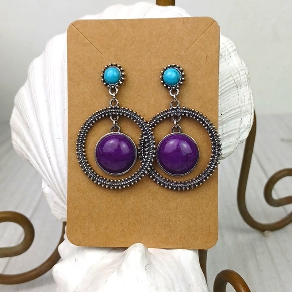 ♥️BUNDLE ONLY♥️ Purple & Turquoise Faux Stone Silver Tone Boho Dangling Earrings - Picture 6 of 6